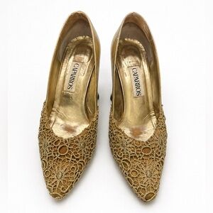Caparros Gold Lace Kitten Heels Pumps Size 8B Vintage Formal Shoes